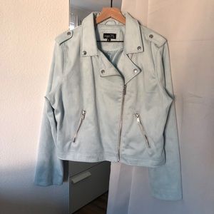 light blue faux suede moto jacket